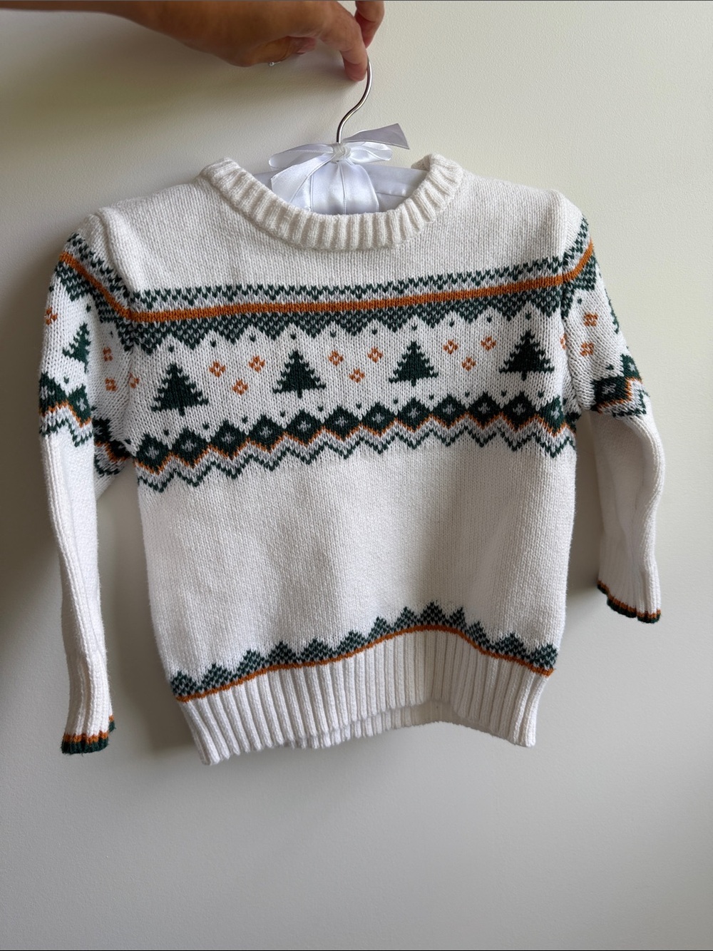 Cat & Jack Cream Holiday Sweater with Green and Orange Fair Isle Trees